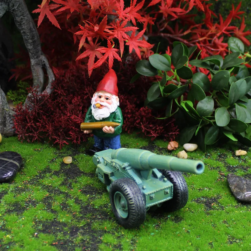 Cute Mini Garden Gnome Figurine Set with Cannon