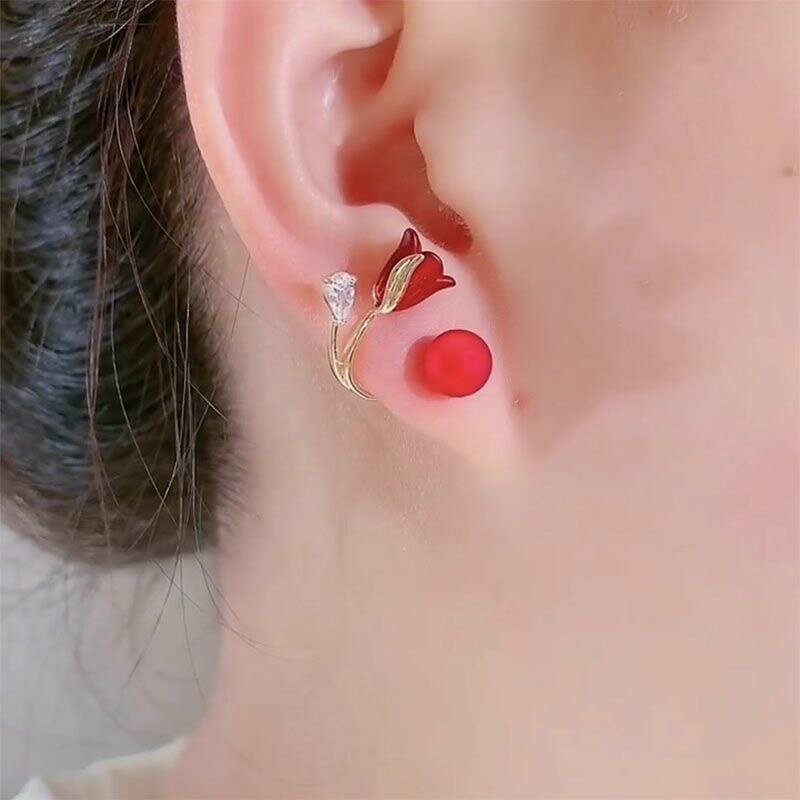 Beautiful Red Bloom Korean Zircon Drop Earrings