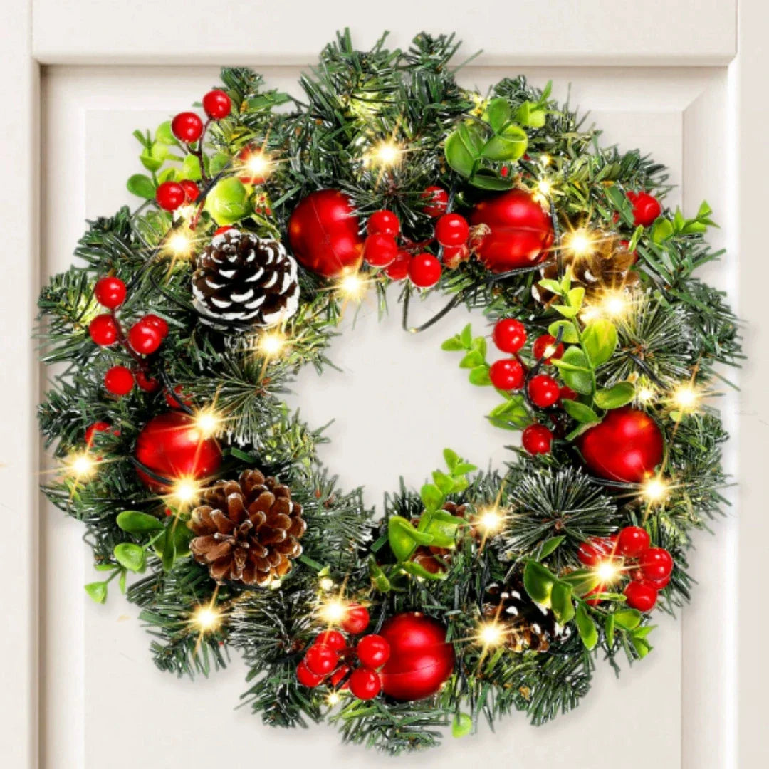 Befez Lunoria Christmas Wreath with LED Lights & Red Decor