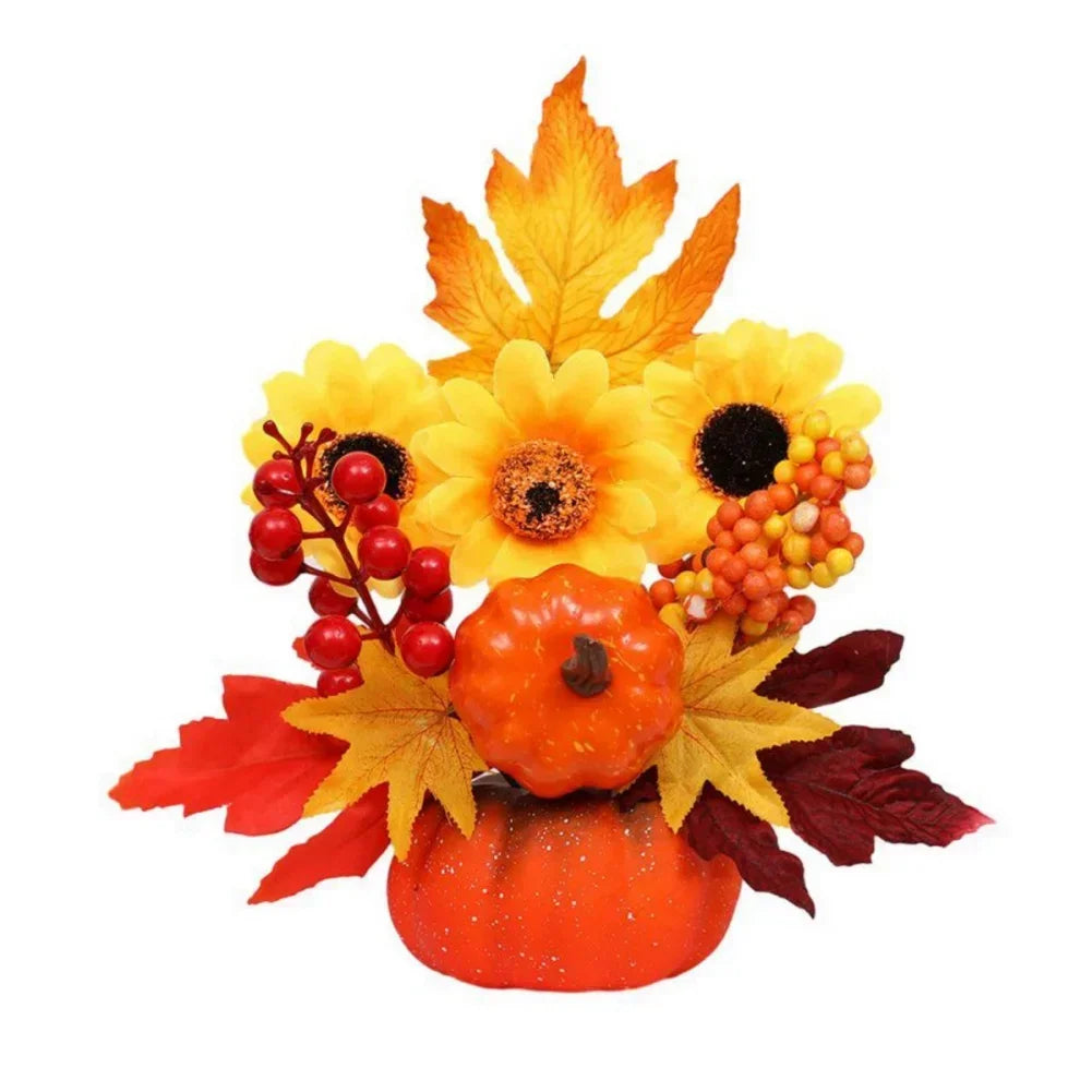 Fall Decorative Pumpkin with Fake Flowers Vase