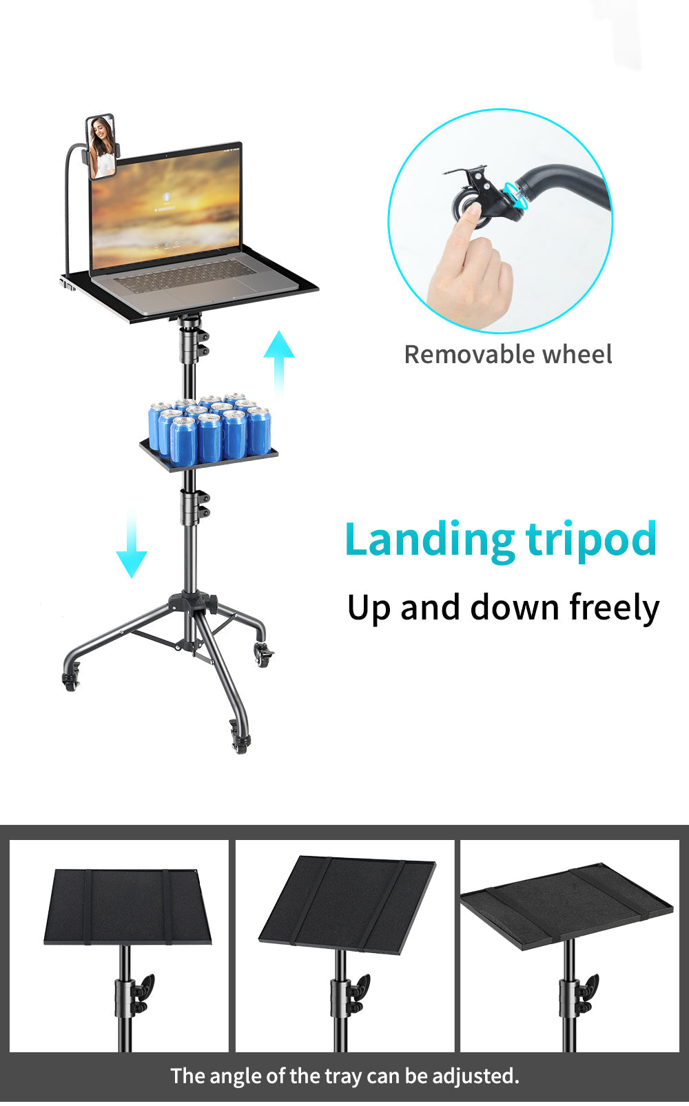 Portable Folding Laptop Desk with Wheels and Dual Trays