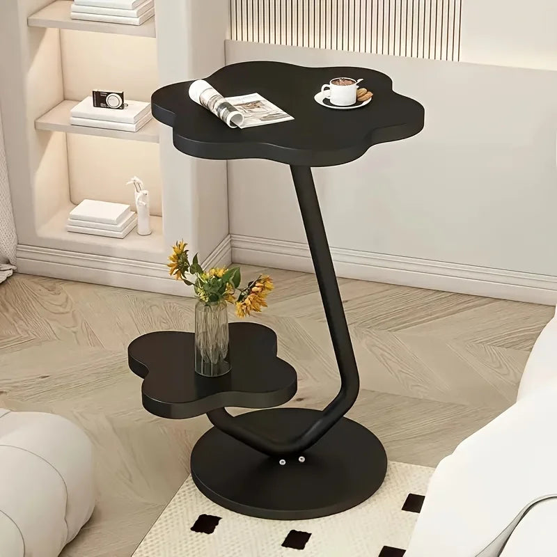White Floral End Table with Double Shelf and Metal Base