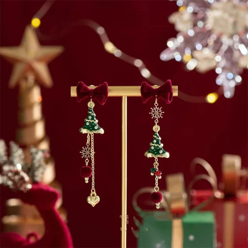 Befez | Christmas Tree Earrings - Green & Gold, Lightweight & Festive with Elegant Bow