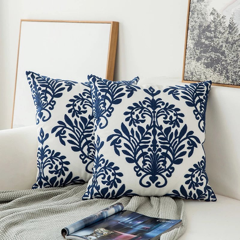 Navy Blue Embroidered Accent Pillow with Floral Design
