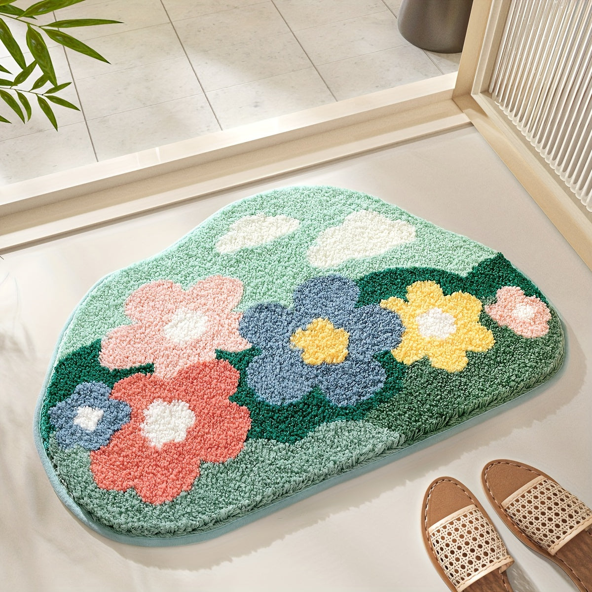 Plush Bathroom Rug Floral Design Extra Soft Non Slip Mat
