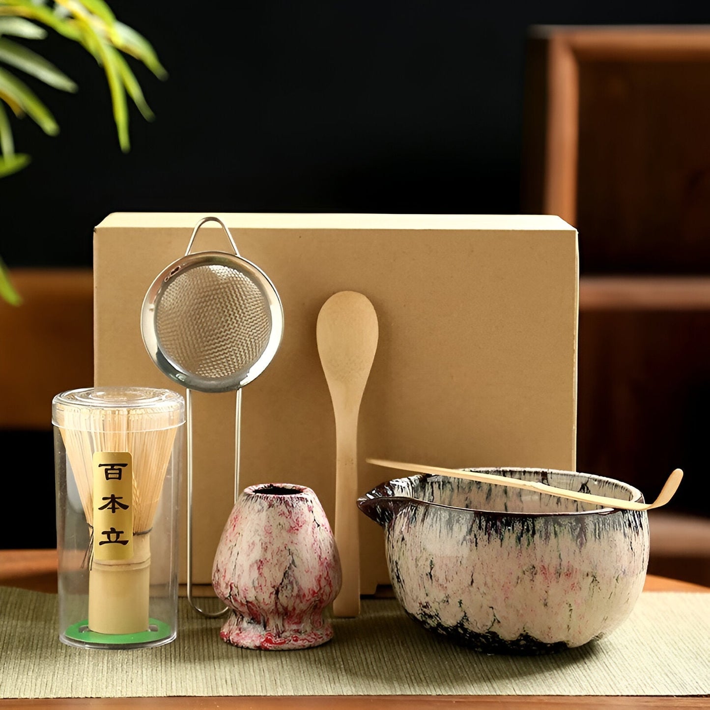 Classic Japanese Matcha Tea Set with Bamboo and Ceramic