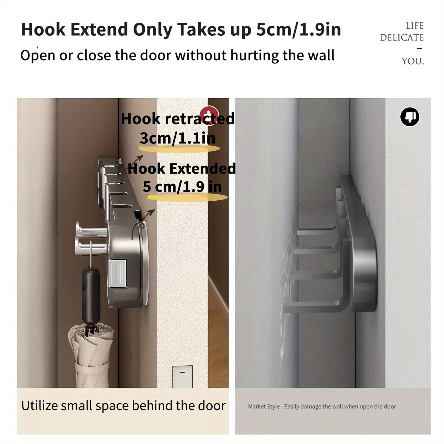Easy Install Wall Hook Panel 5 Hook Storage Rack