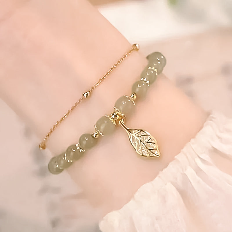 Luxurious Jade Leaf Gold Bangle Bracelet