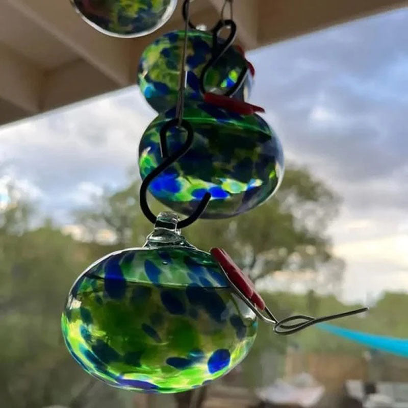 Colorful Glass Hummingbird Feeder with Wind Chime