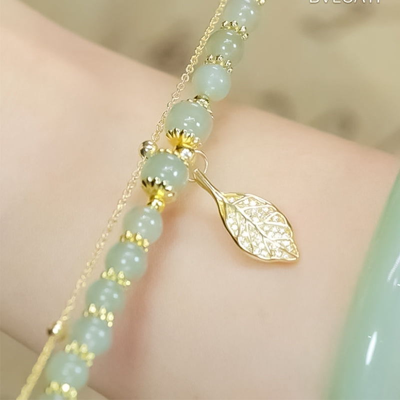 Luxurious Jade Leaf Gold Bangle Bracelet