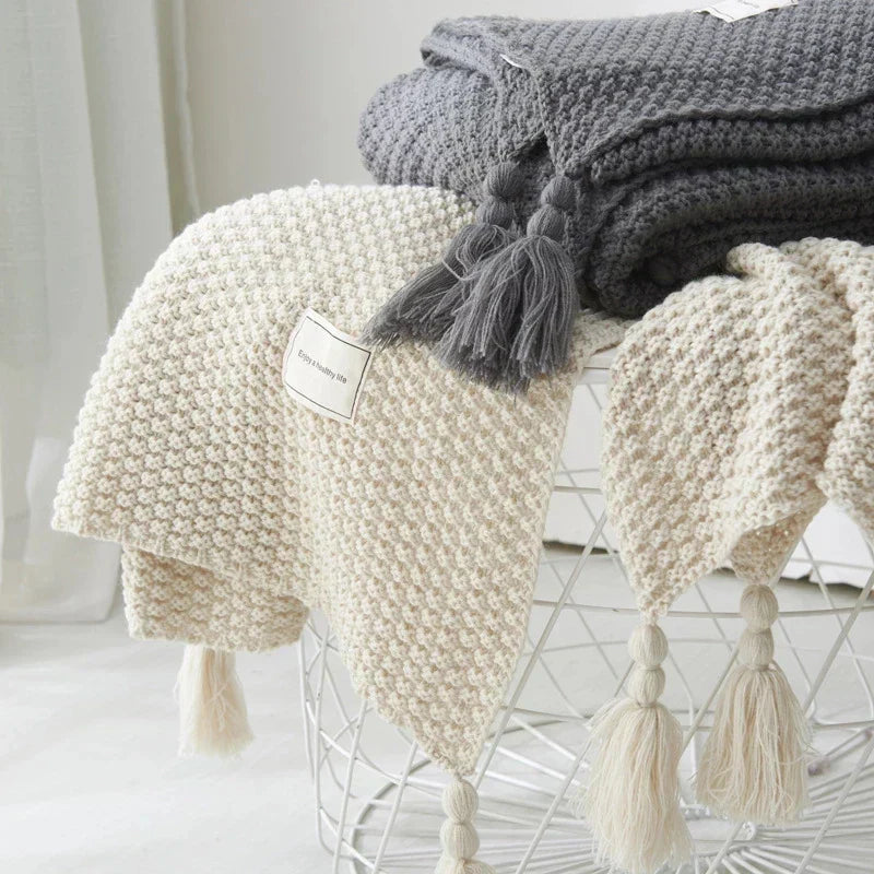 Plush Wool Throw Blanket with Tassel Trim