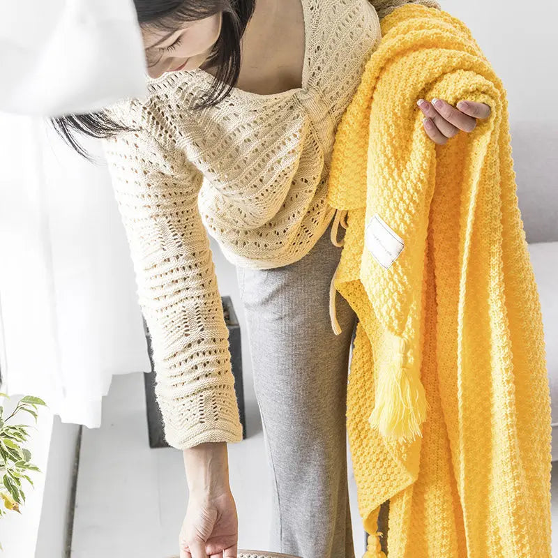 Plush Wool Throw Blanket with Tassel Trim
