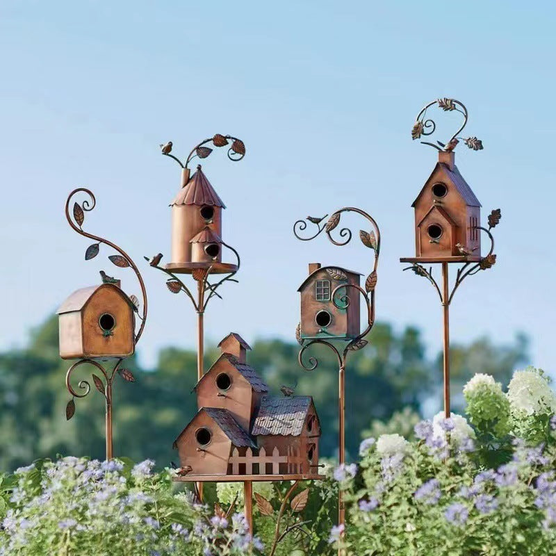Rustic Metal Birdhouse Garden Decor