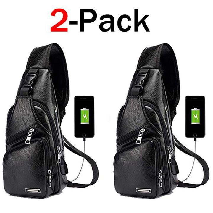 Big Mens Genuine Leather Chest Backpack Bag with USB Charger