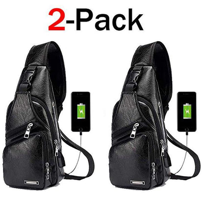 Big Mens Genuine Leather Chest Backpack Bag with USB Charger