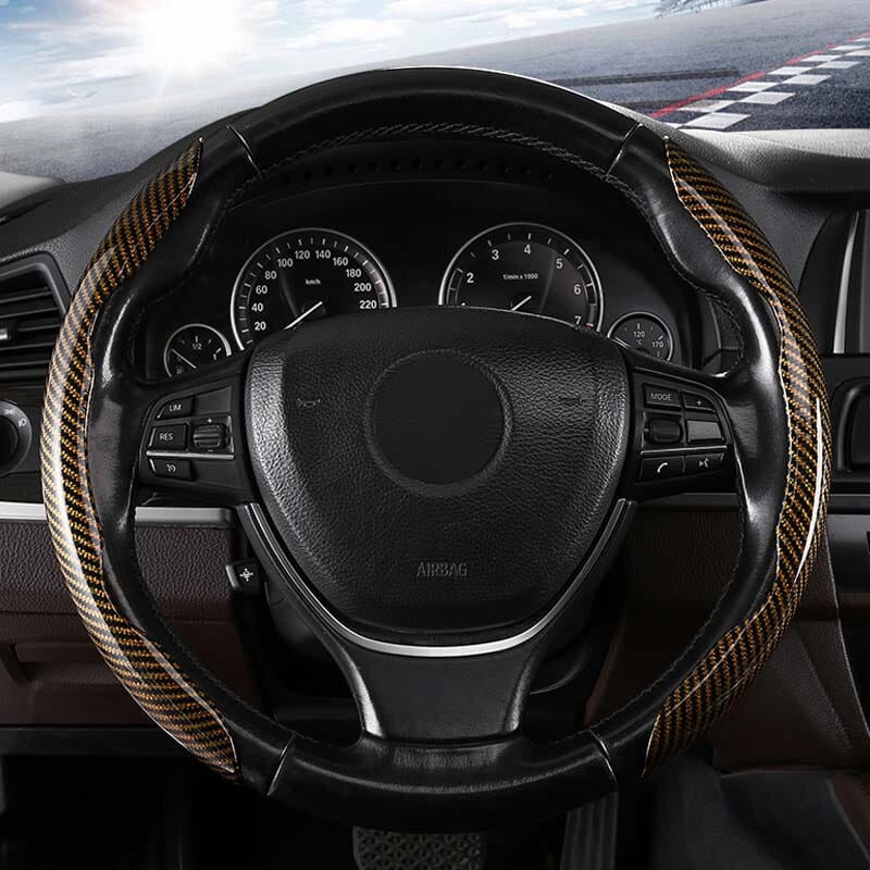 Premium Leather Steering Wheel Cover with Carbon Design