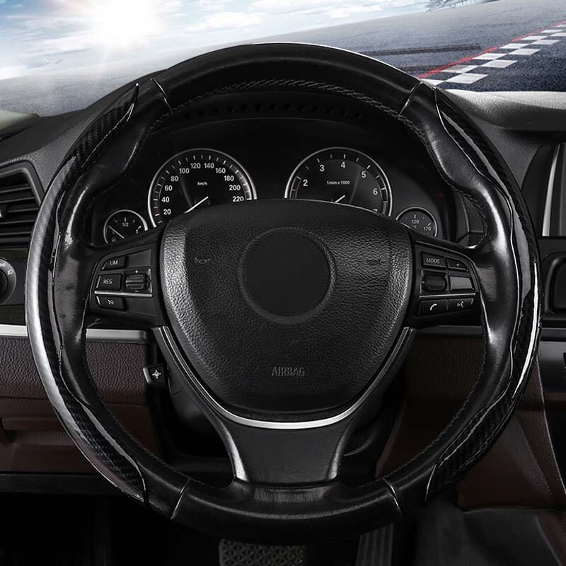 Premium Leather Steering Wheel Cover with Carbon Design