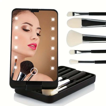 Portable Makeup Brush Kit with LED Mirror