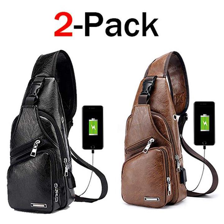 Big Mens Genuine Leather Chest Backpack Bag with USB Charger - Befez