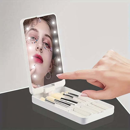 Portable Makeup Brush Kit with LED Mirror