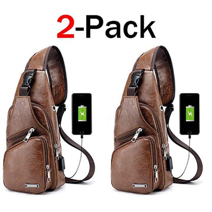 Big Mens Genuine Leather Chest Backpack Bag with USB Charger