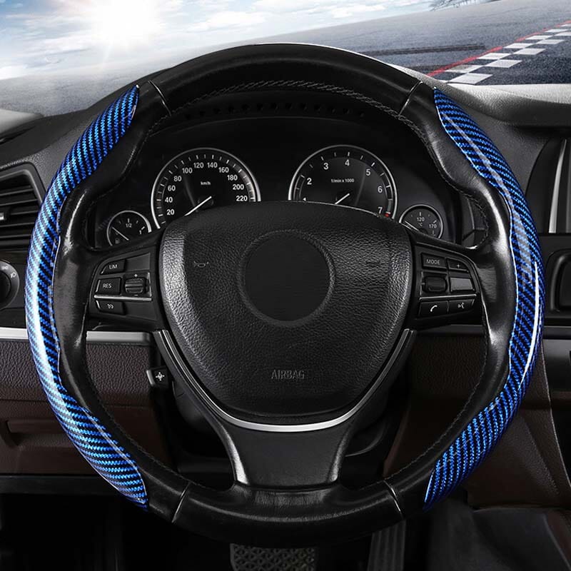 Premium Leather Steering Wheel Cover with Carbon Design