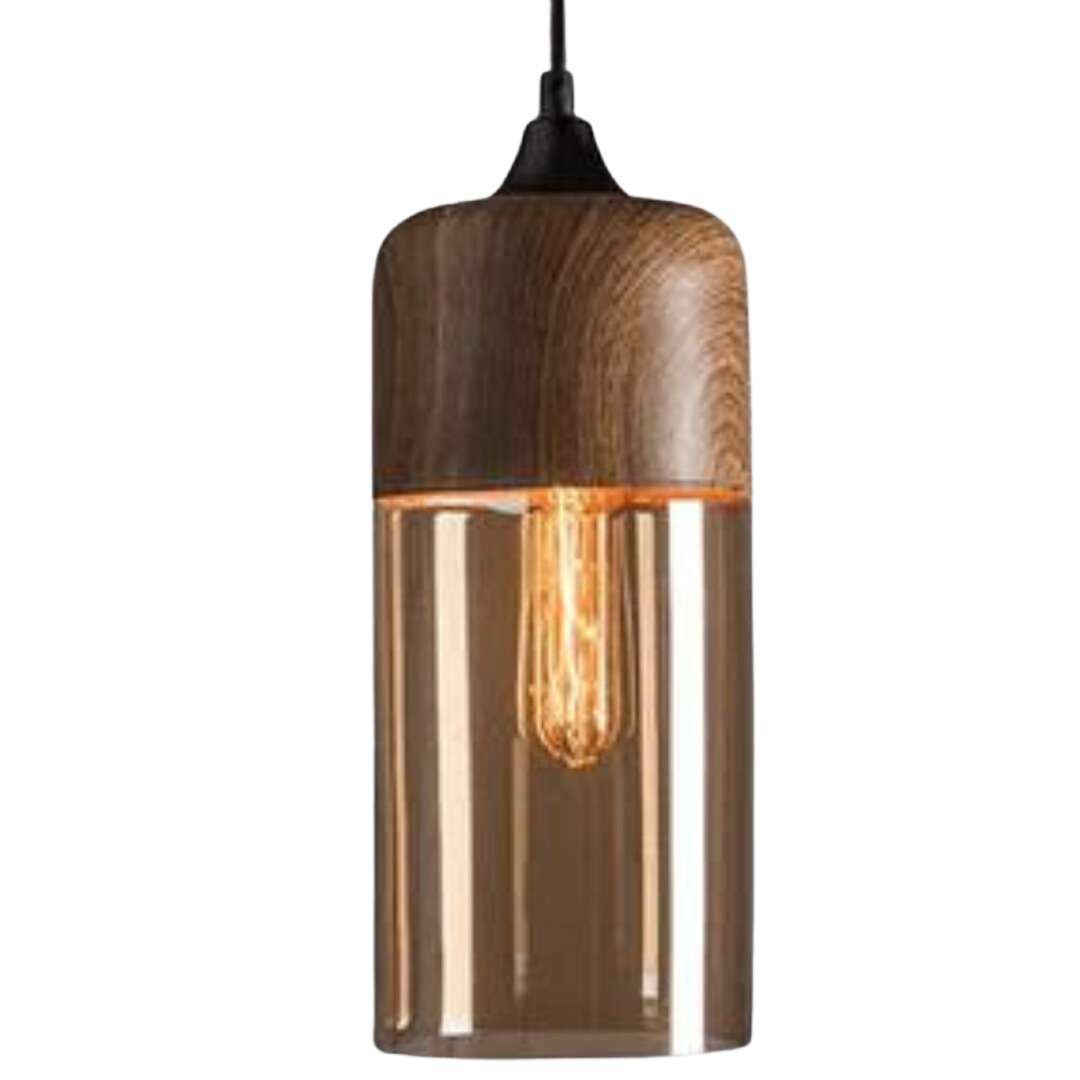 Rustic Wooden Pendant Light with Tinted Glass Shade