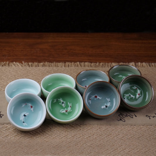 Chinese Celadon Ceramic Tea Cup Set Zodiac Fish Design - Befez