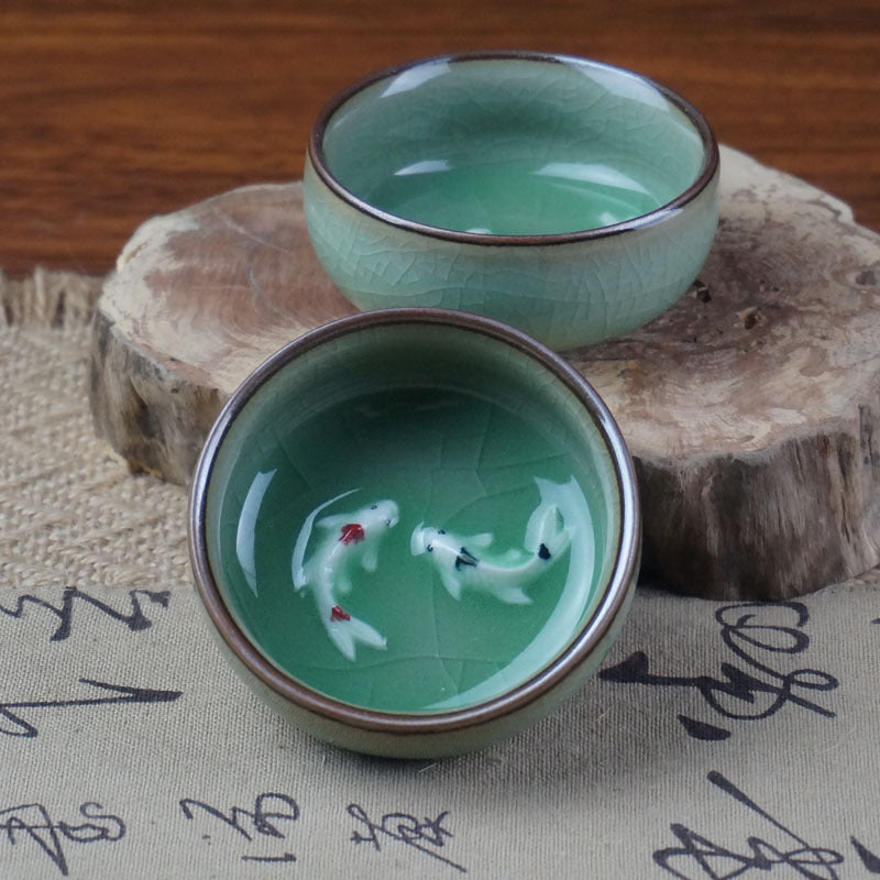 Chinese Celadon Ceramic Tea Cup Set Zodiac Fish Design