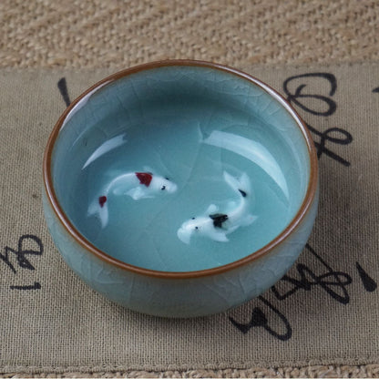 Chinese Celadon Ceramic Tea Cup Set Zodiac Fish Design