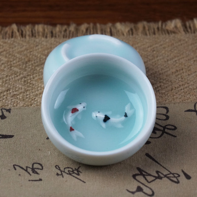 Chinese Celadon Ceramic Tea Cup Set Zodiac Fish Design