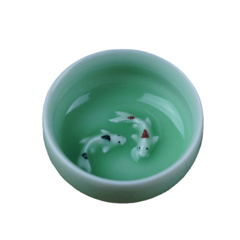 Chinese Celadon Ceramic Tea Cup Set Zodiac Fish Design