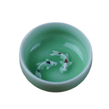 Chinese Celadon Ceramic Tea Cup Set Zodiac Fish Design