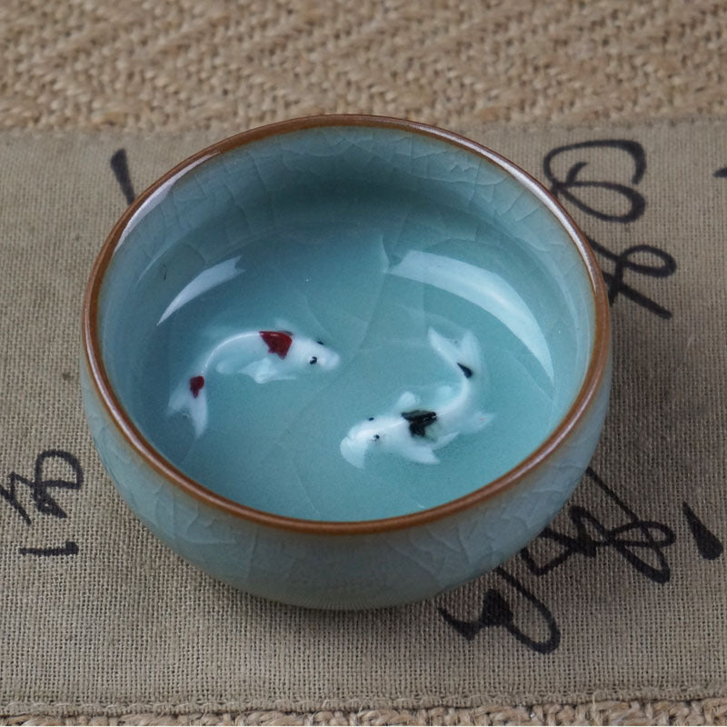 Chinese Celadon Ceramic Tea Cup Set Zodiac Fish Design