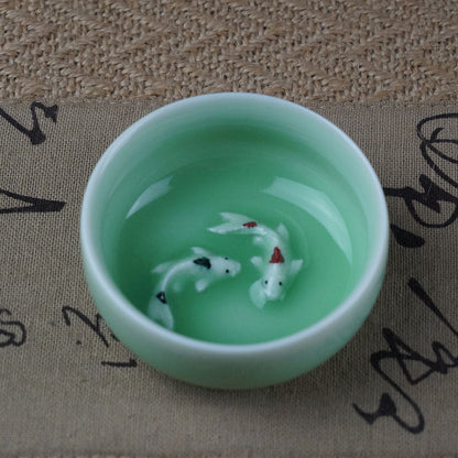 Chinese Celadon Ceramic Tea Cup Set Zodiac Fish Design