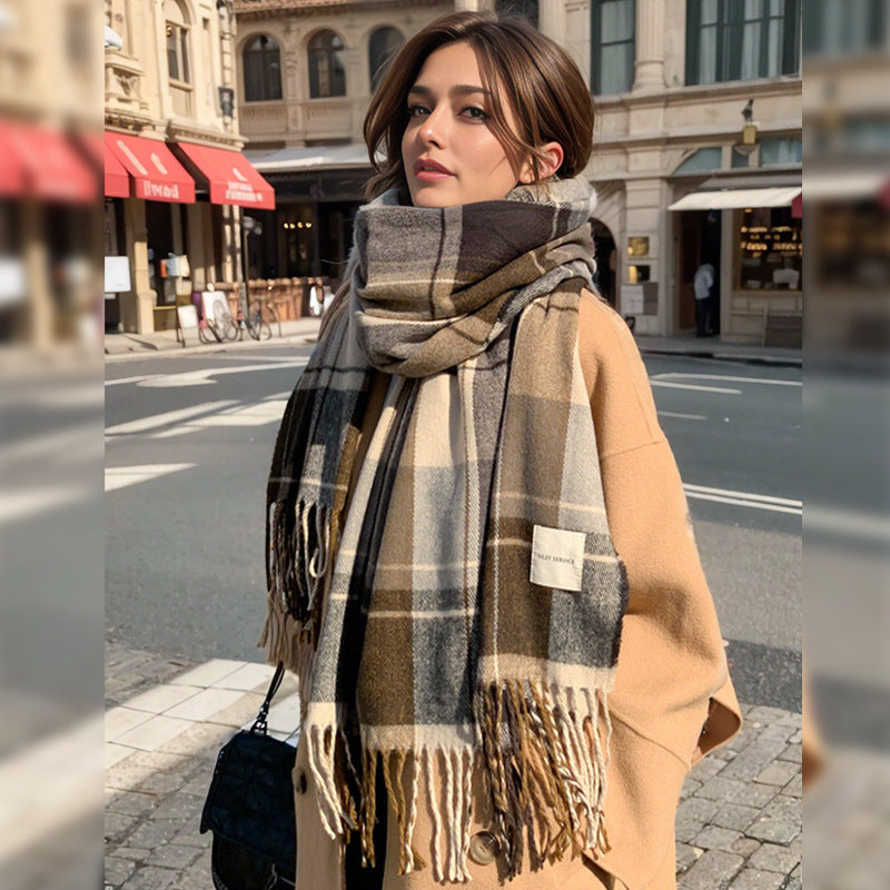 Classic Fringe Plaid Scarf Women's Cozy Winter Wrap