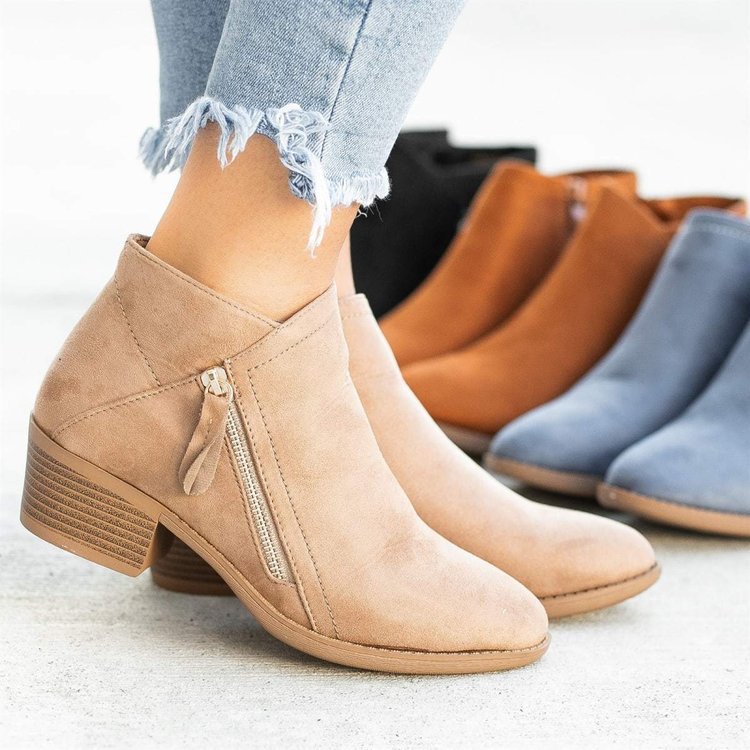 Women's Plus Size Suede Ankle Boots Low Block Heel Side Zip - Befez