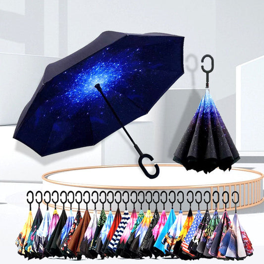 Compact Reverse Umbrella with Curved Handle Straight Stick - Befez