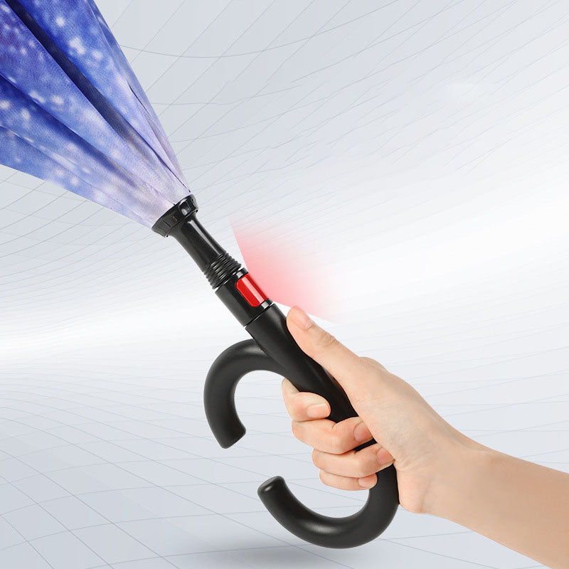 Compact Reverse Umbrella with Curved Handle Straight Stick