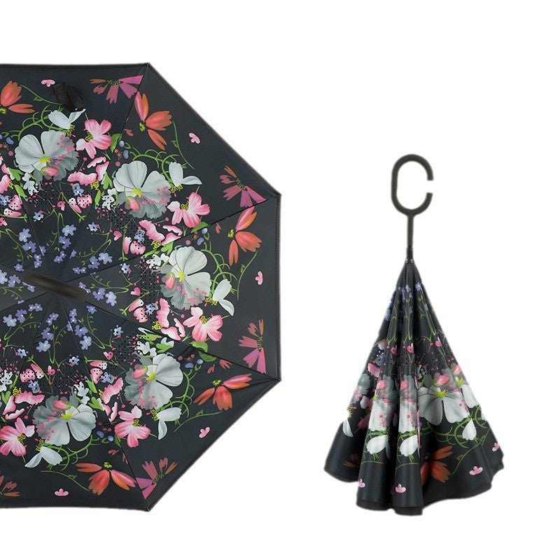 Compact Reverse Umbrella with Curved Handle Straight Stick