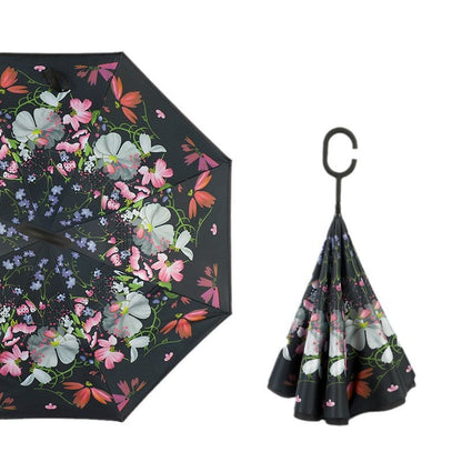 Compact Reverse Umbrella with Curved Handle Straight Stick