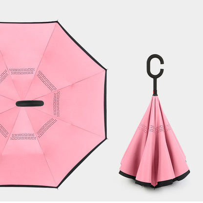 Compact Reverse Umbrella with Curved Handle Straight Stick