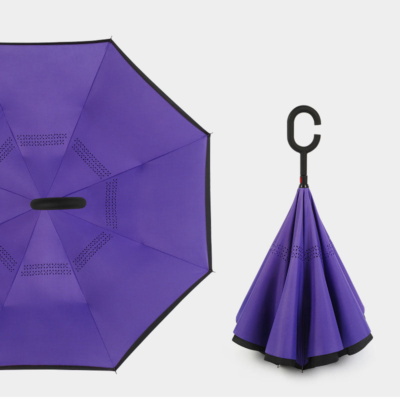 Compact Reverse Umbrella with Curved Handle Straight Stick