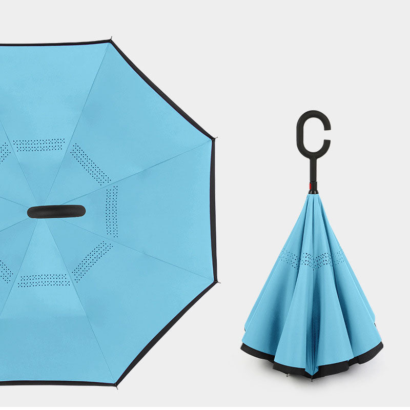 Compact Reverse Umbrella with Curved Handle Straight Stick