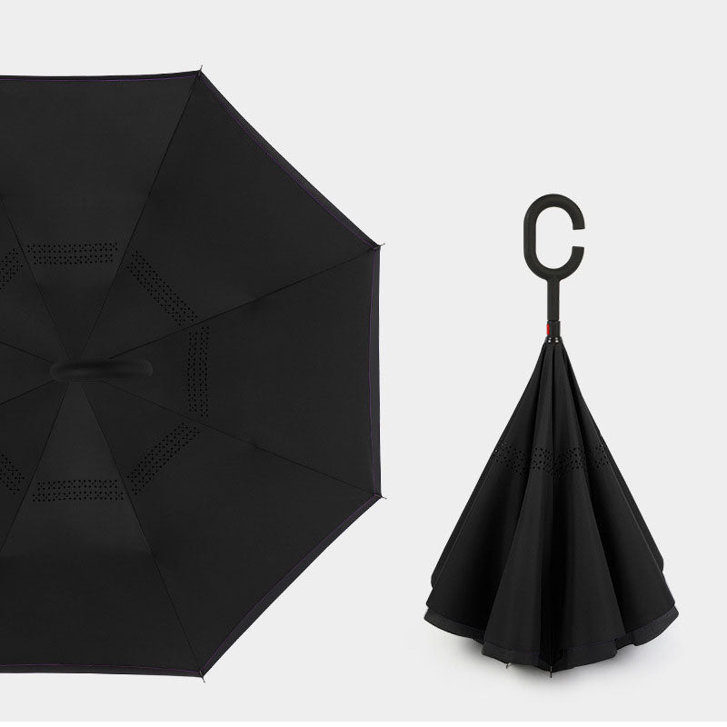 Compact Reverse Umbrella with Curved Handle Straight Stick