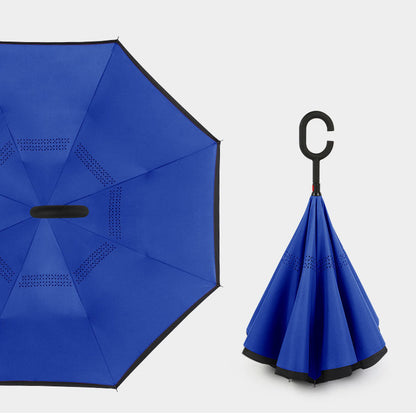 Compact Reverse Umbrella with Curved Handle Straight Stick