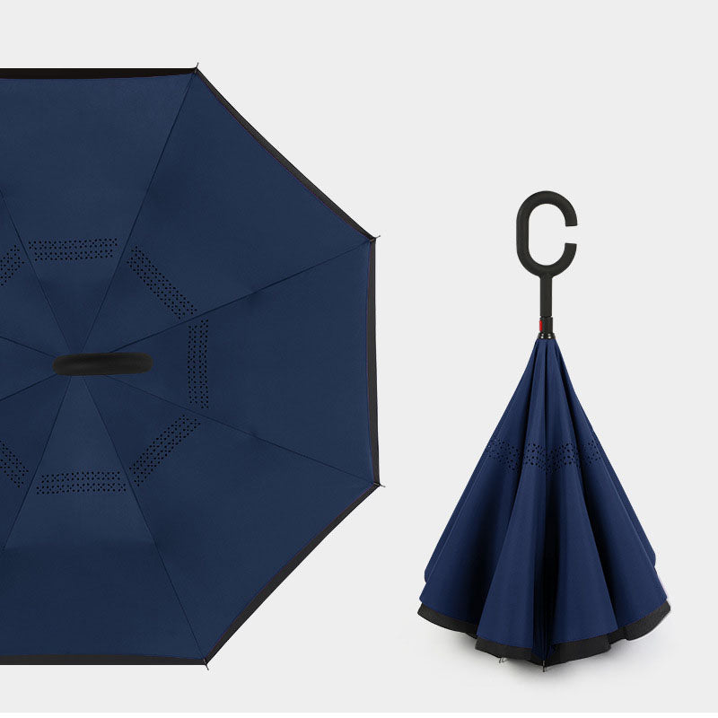 Compact Reverse Umbrella with Curved Handle Straight Stick