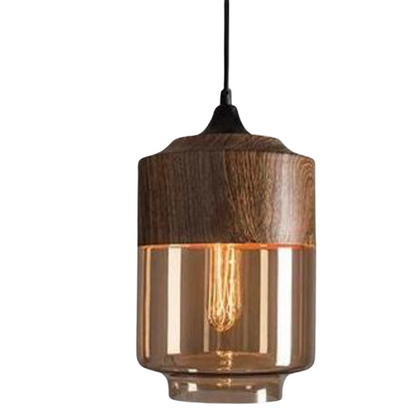 Rustic Wooden Pendant Light with Tinted Glass Shade