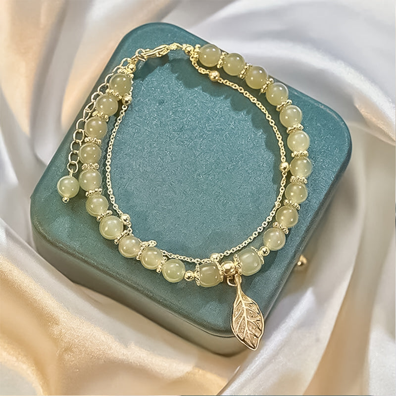 Luxurious Jade Leaf Gold Bangle Bracelet