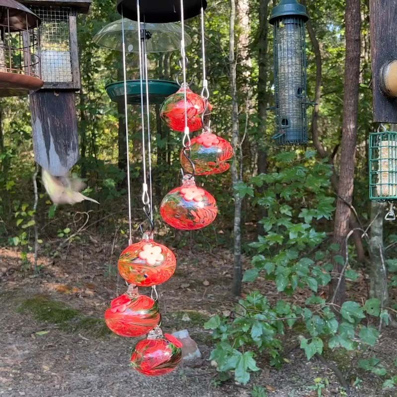 Colorful Glass Hummingbird Feeder with Wind Chime